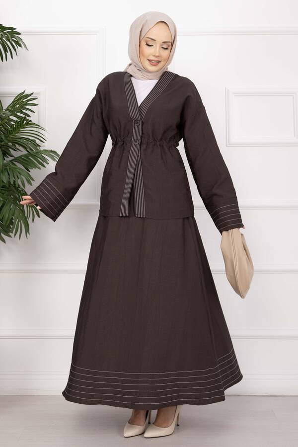 Efl - Çizgi Garnili Ceket Etek Takım Kahve