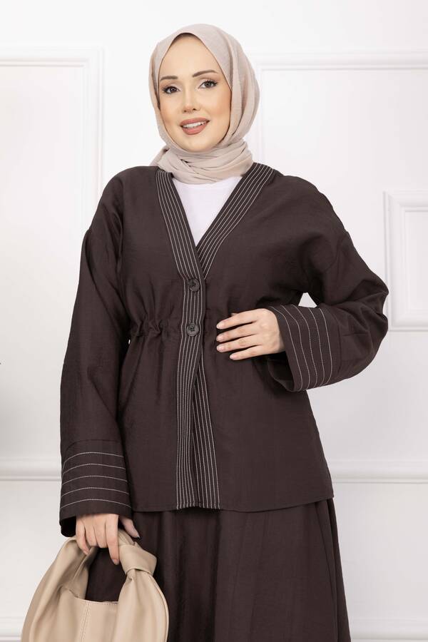 Efl - Çizgi Garnili Ceket Etek Takım Kahve (1)
