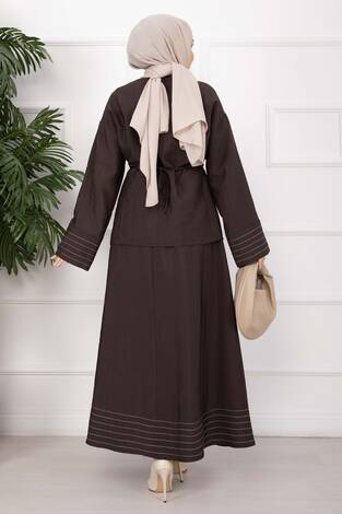 Çizgi Garnili Ceket Etek Takım Kahve - Thumbnail