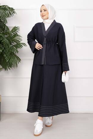 Çizgi Garnili Ceket Etek Takım Lacivert - Thumbnail