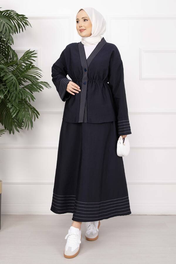 Efl - Çizgi Garnili Ceket Etek Takım Lacivert