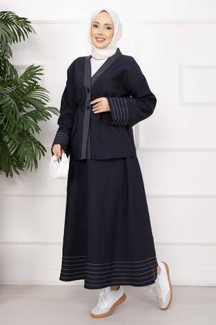 Çizgi Garnili Ceket Etek Takım Lacivert - Thumbnail