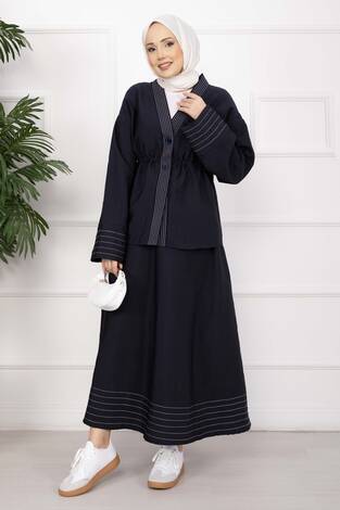 Çizgi Garnili Ceket Etek Takım Lacivert - Thumbnail