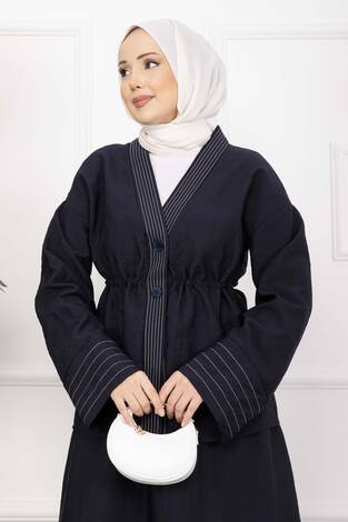Çizgi Garnili Ceket Etek Takım Lacivert - Thumbnail