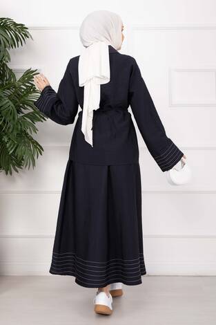 Çizgi Garnili Ceket Etek Takım Lacivert - Thumbnail