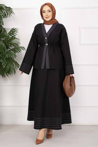 Çizgi Garnili Ceket Etek Takım Siyah - Thumbnail