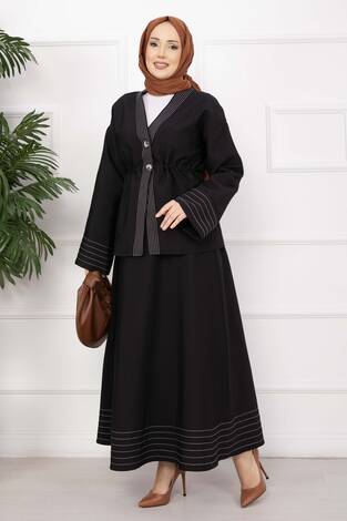 Çizgi Garnili Ceket Etek Takım Siyah - Thumbnail
