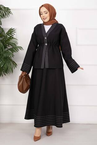 Çizgi Garnili Ceket Etek Takım Siyah - Thumbnail