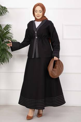 Çizgi Garnili Ceket Etek Takım Siyah - Thumbnail