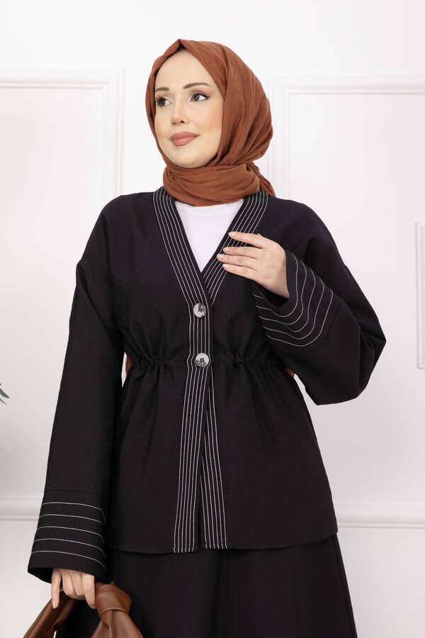 Efl - Çizgi Garnili Ceket Etek Takım Siyah (1)