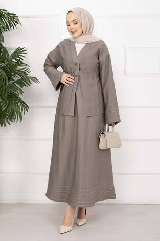 Çizgi Garnili Ceket Etek Takım Vizon - Thumbnail