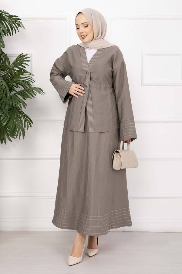 Efl - Çizgi Garnili Ceket Etek Takım Vizon