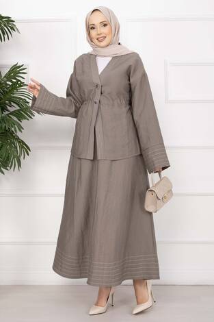 Çizgi Garnili Ceket Etek Takım Vizon - Thumbnail