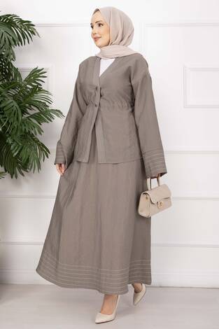 Çizgi Garnili Ceket Etek Takım Vizon - Thumbnail