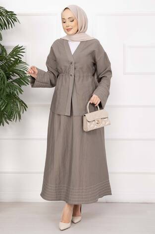 Çizgi Garnili Ceket Etek Takım Vizon - Thumbnail