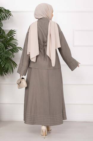 Çizgi Garnili Ceket Etek Takım Vizon - Thumbnail