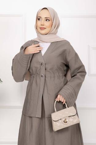 Çizgi Garnili Ceket Etek Takım Vizon - Thumbnail