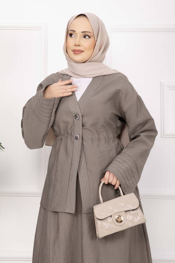 Efl - Çizgi Garnili Ceket Etek Takım Vizon (1)