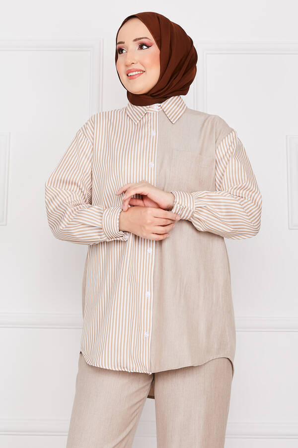 Lv - Çizgili Kombin Cepli İkili Takım Bej (1)