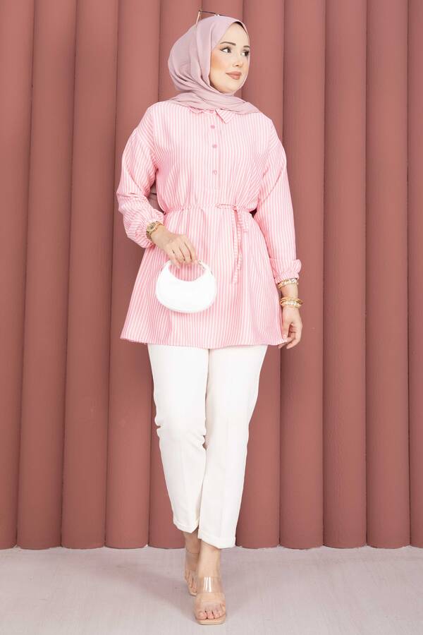 Çizgili Bağcık Detaylı Gömlek Tunik Pembe - 3