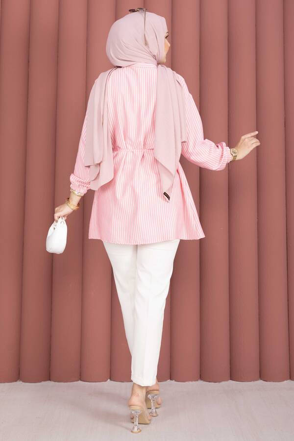 Çizgili Bağcık Detaylı Gömlek Tunik Pembe - 4