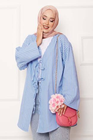 Çizgili Bağcık Detaylı Kimono Mavi - Thumbnail