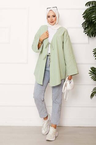 Çizgili Bağcık Detaylı Kimono Mint - Thumbnail