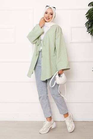 Çizgili Bağcık Detaylı Kimono Mint - Thumbnail