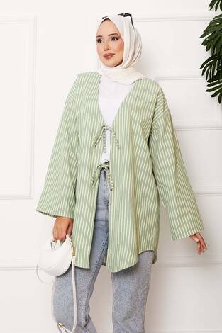 Çizgili Bağcık Detaylı Kimono Mint - Thumbnail