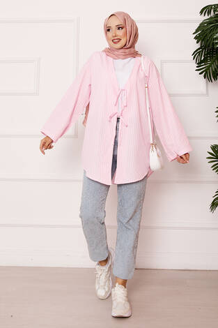 Çizgili Bağcık Detaylı Kimono Pembe - Thumbnail