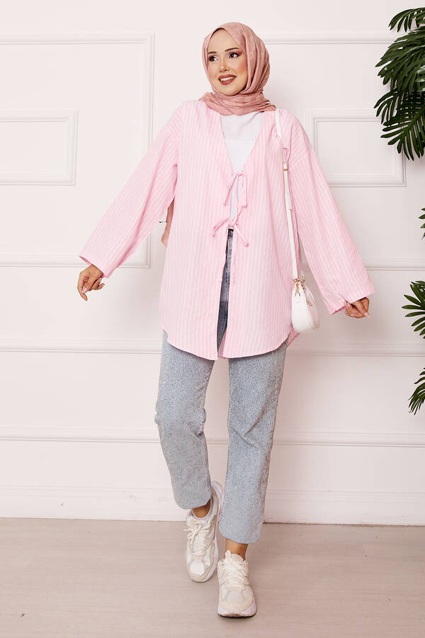 Çizgili Bağcık Detaylı Kimono Pembe Çizgili Bağcık Detaylı Kimono Pembe