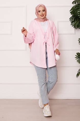 Çizgili Bağcık Detaylı Kimono Pembe - Thumbnail