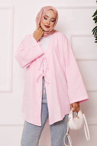 Çizgili Bağcık Detaylı Kimono Pembe - Thumbnail