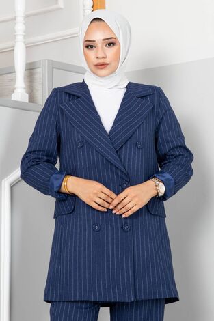 Çizgili Blazer Tesettür Ceket Takım Lacivert - Thumbnail