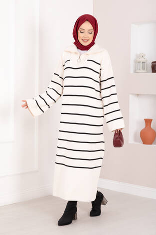 Çizgili Boğazlı Triko Elbise Ekru - Thumbnail