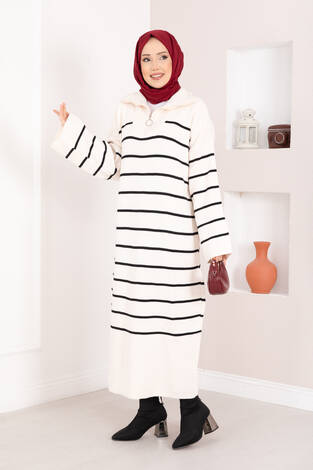 Çizgili Boğazlı Triko Elbise Ekru - Thumbnail
