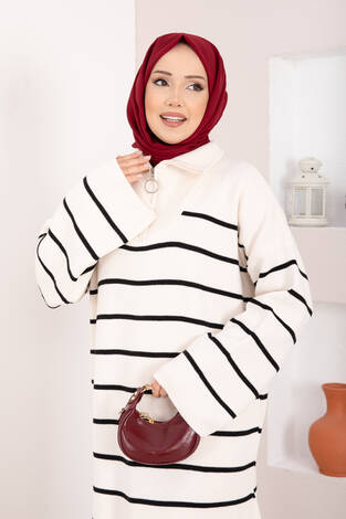 Çizgili Boğazlı Triko Elbise Ekru - Thumbnail