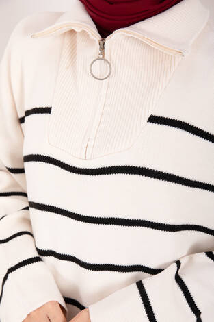 Çizgili Boğazlı Triko Elbise Ekru - Thumbnail