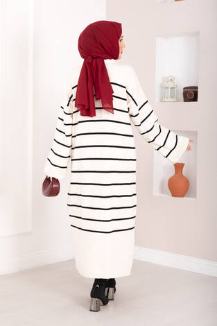 Çizgili Boğazlı Triko Elbise Ekru - Thumbnail