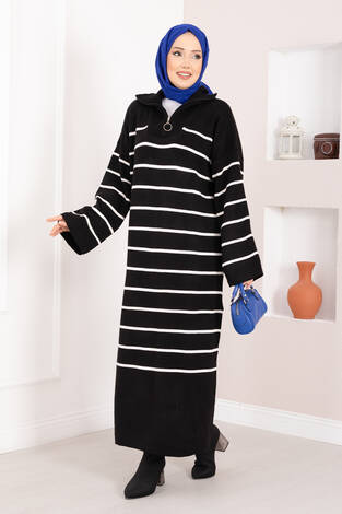 Çizgili Boğazlı Triko Elbise Siyah - Thumbnail