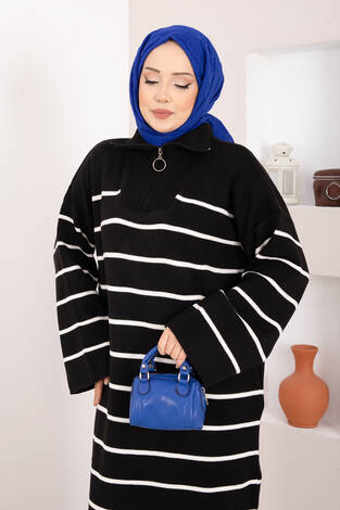 Çizgili Boğazlı Triko Elbise Siyah - Thumbnail