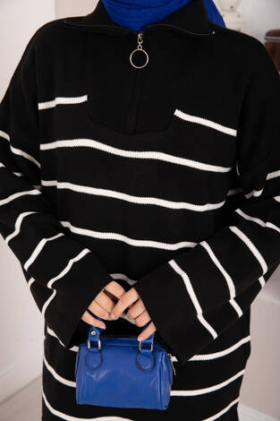 Çizgili Boğazlı Triko Elbise Siyah - Thumbnail