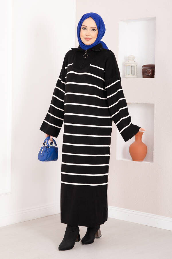Çizgili Boğazlı Triko Elbise Siyah