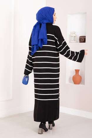 Çizgili Boğazlı Triko Elbise Siyah - Thumbnail