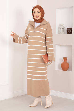 Çizgili Boğazlı Triko Elbise TEN - Thumbnail