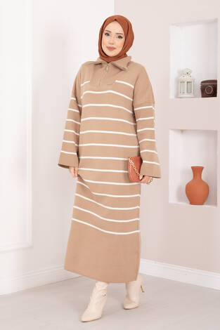 Çizgili Boğazlı Triko Elbise TEN