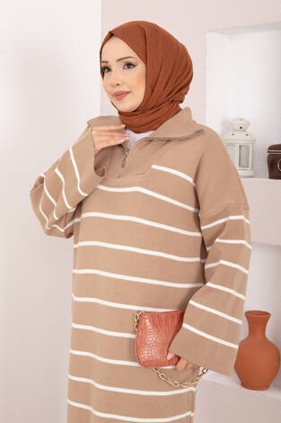 Çizgili Boğazlı Triko Elbise TEN - Thumbnail
