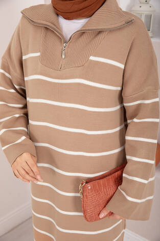 Çizgili Boğazlı Triko Elbise TEN - Thumbnail