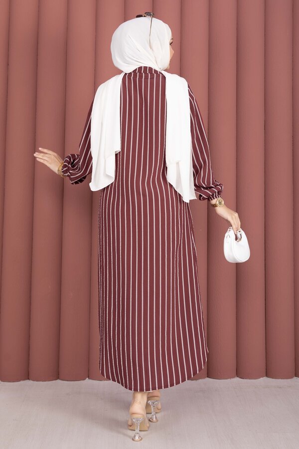 Çizgili Boydan Düğmeli Gömlek Tunik Bordo - 4
