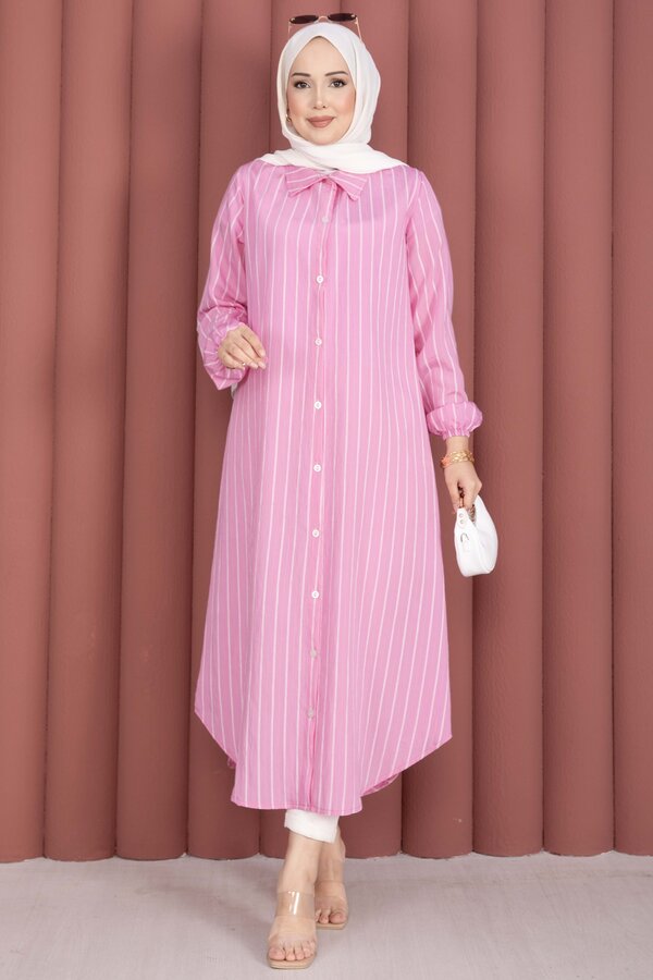 Çizgili Boydan Düğmeli Gömlek Tunik Pembe - 3